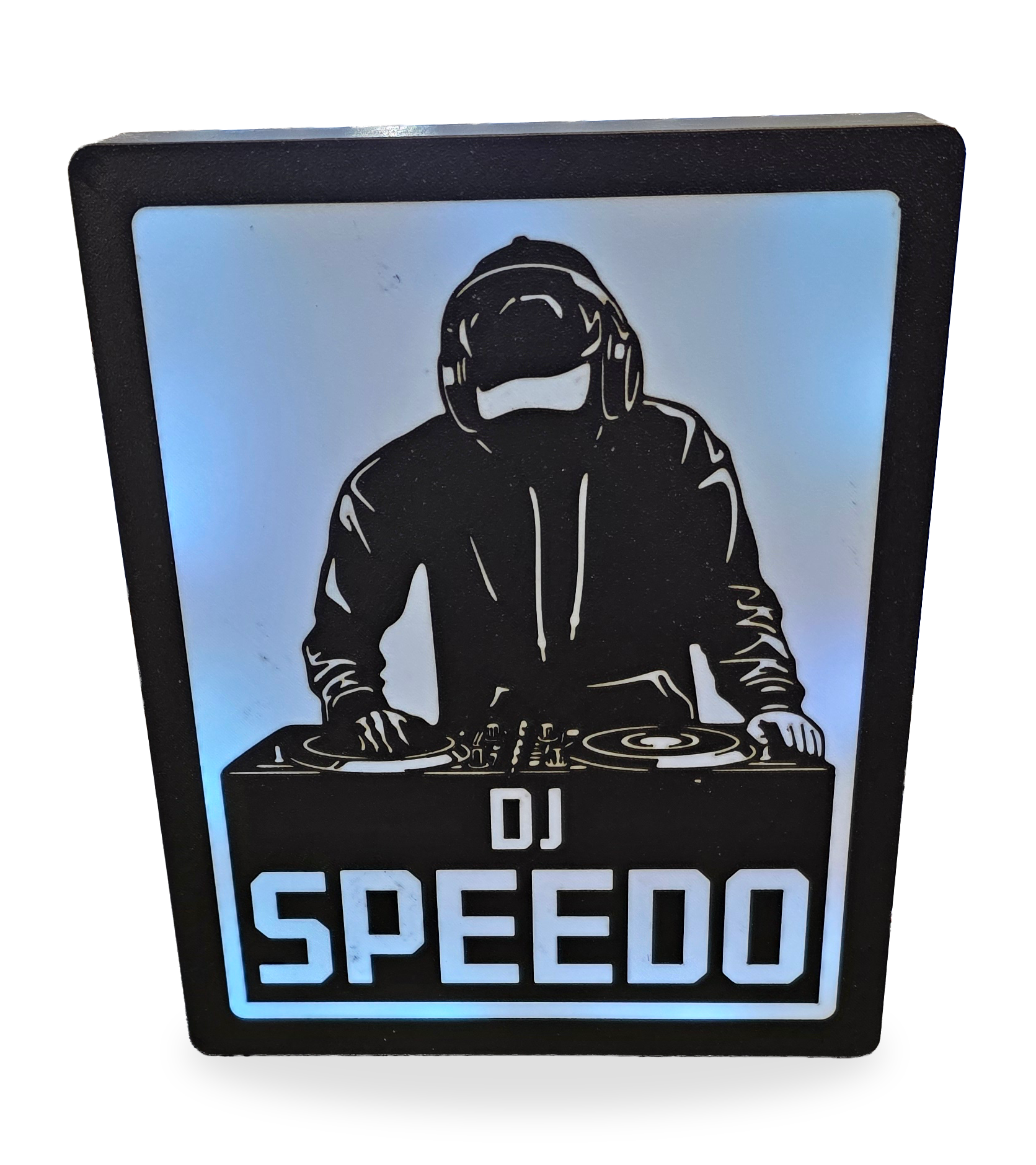 DJ Speedo lightbox with character graphic