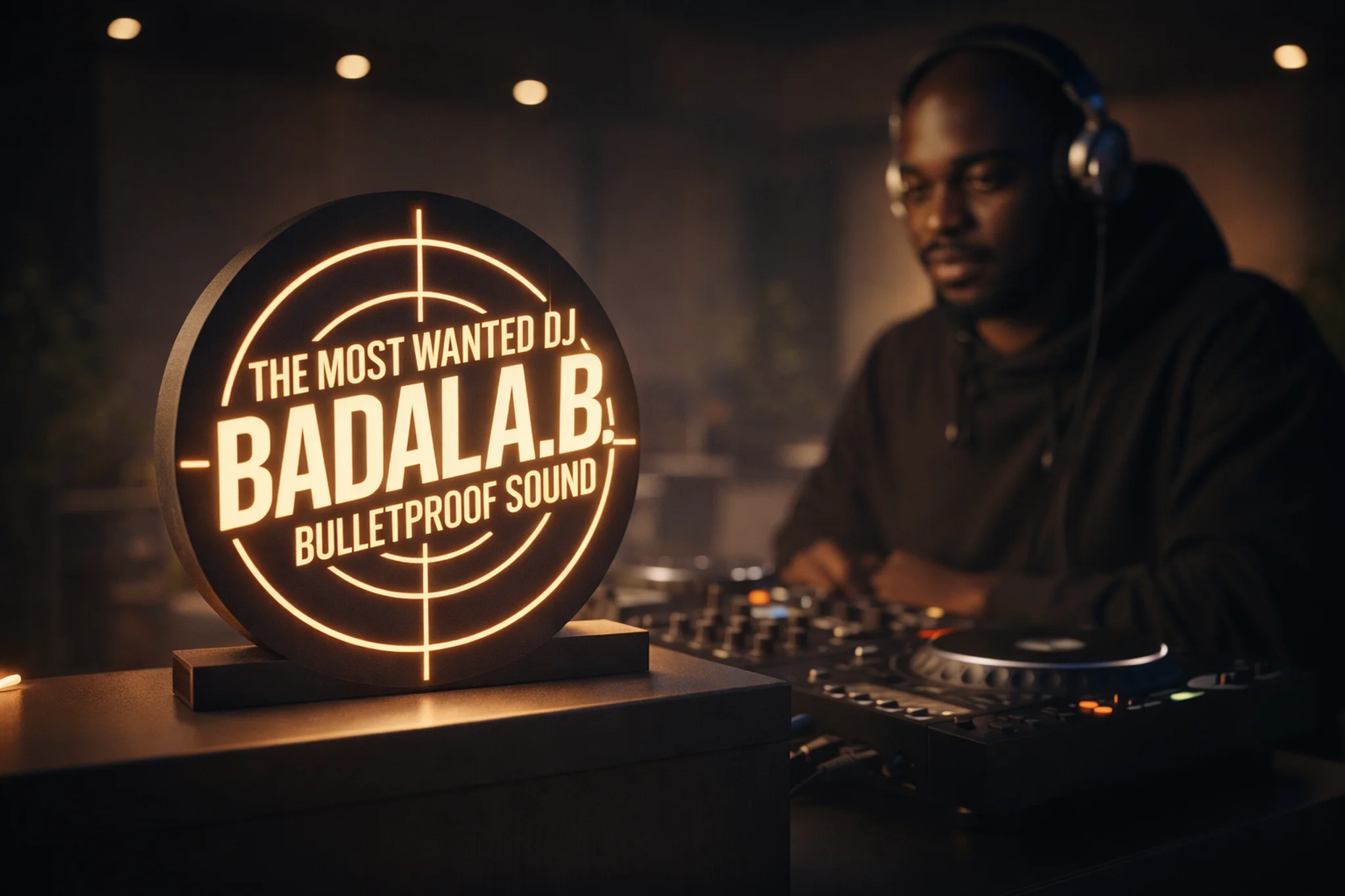 DJ booth lifestyle shot with a glowing lightbox in the foreground