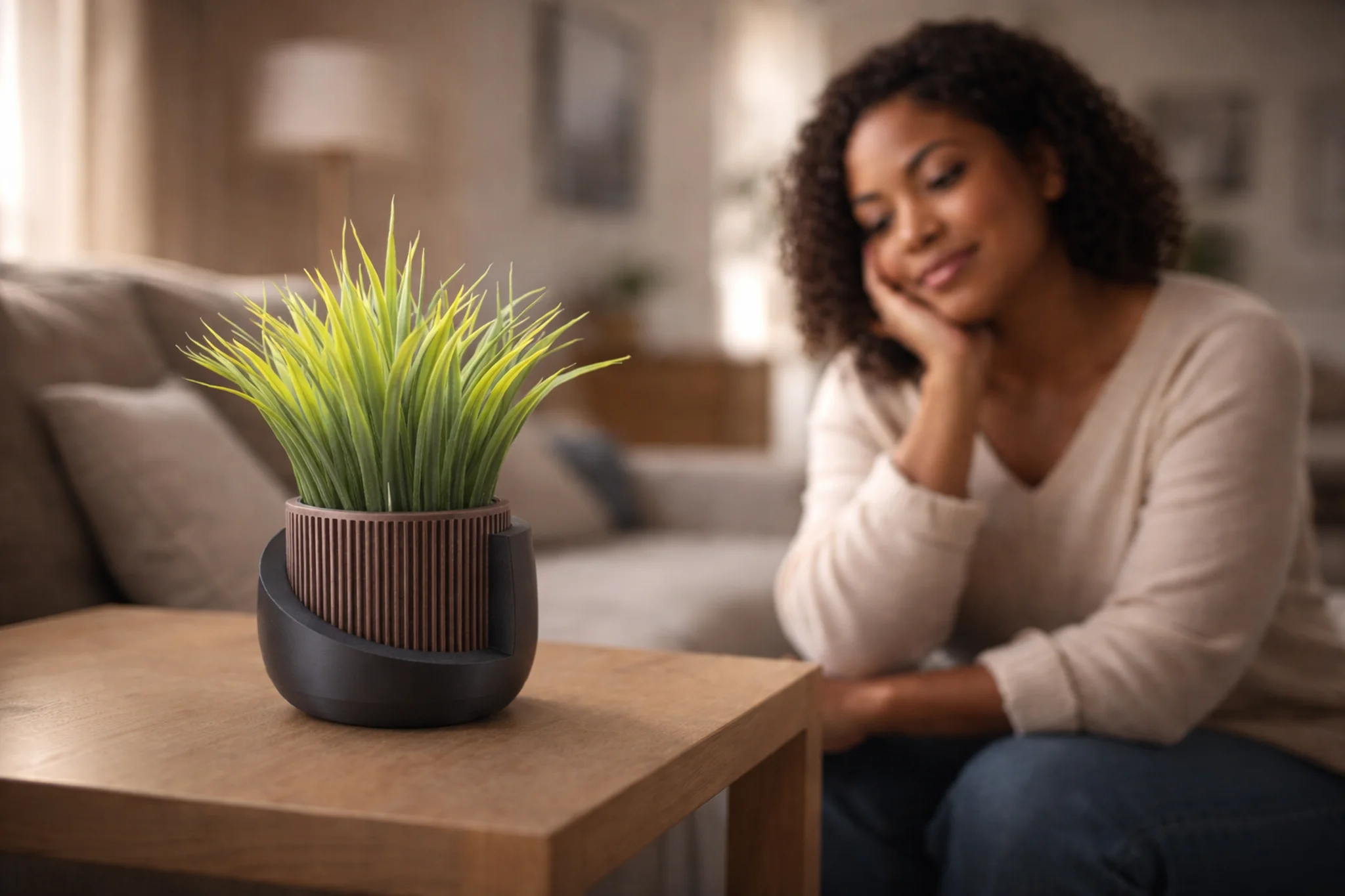 Lifestyle photo of a modern 3D-printed planter in a cozy home interior